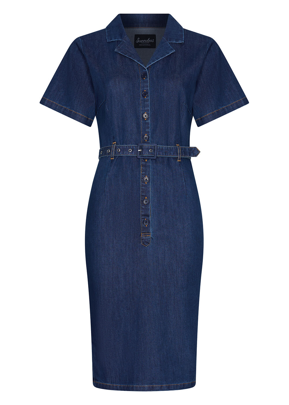 Succubus Clothing Ruby Denim Pencil Dress Navy