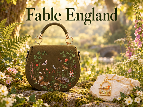 Fable England met de Charlotte Meadow Scene-handtas en gouden Robin-ketting in een romantisch bos.
