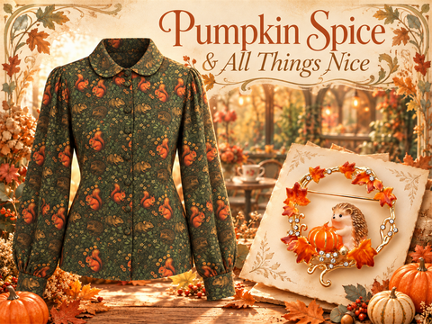 Pumpkin Spice & All Things Nice met de Succubus Clothing Alice Squirrel Friends-blouse en Bill Skinner Pumpkin Hedgehog-broche.
