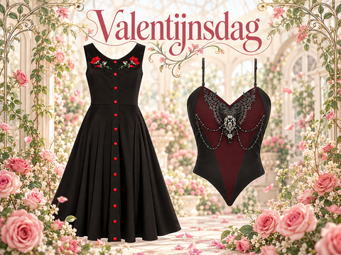 Valentijnsdag: Sadie Rose van Succubus Clothing en Duchess van Dark in Love in een lichte romantische rozentuin.