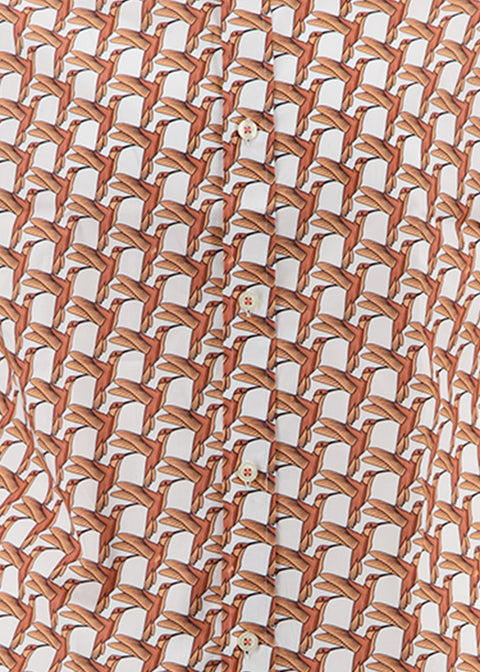 A Fish Named Fred Geometric Birds Shirt Oranje - close-up van de print