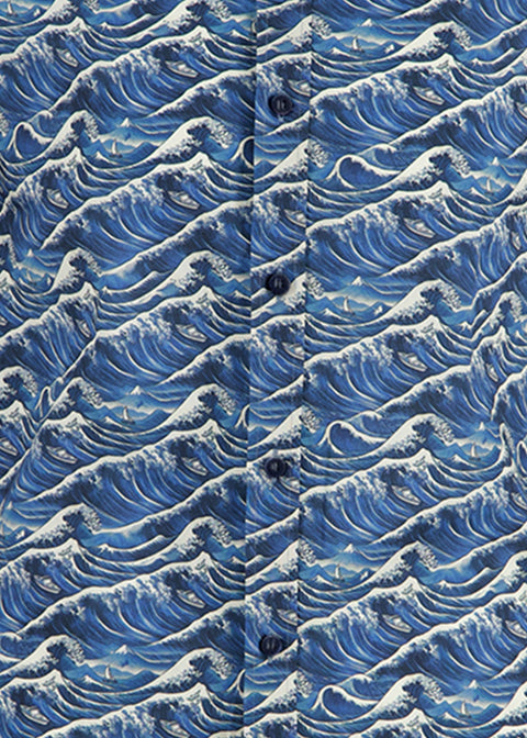 A Fish Named Fred Wave Shirt Jeans Blauw - close-up van de golvenprint