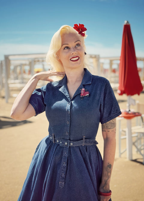 Succubus Clothing Ruby Denim Vestido Swing 50's Azul Marino