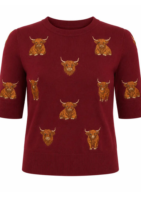 Succubus Clothing Ayla Highlander Cows Truitje Burgundy - voorzijde