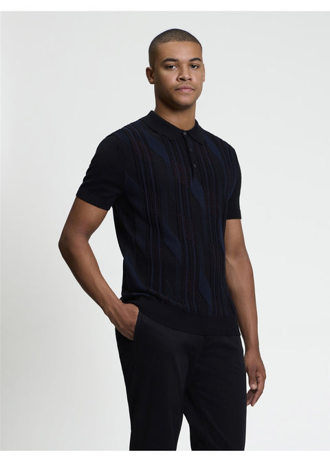 Ben Sherman Graphic Stitch Gebreide Polo Zwart – voorkant gedragen