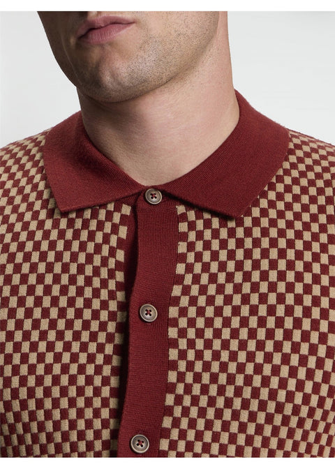 Ben Sherman Contrast Checkerboard Gebreid Overhemd Siennabruin – detail