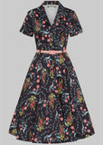 Collectif Caterina Hollyhocks Hooray Cherryblossom 40's Swing Dress Navy