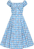 Collectif Dolores Gingham Garden 50's Swing Dress Blue White