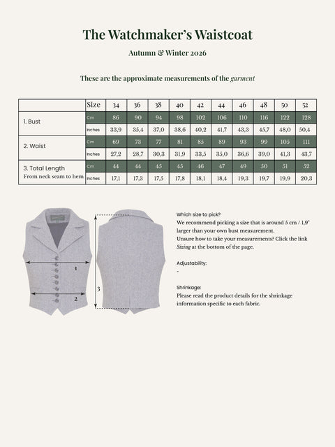 Emmy Design maattabel AW26.501 – afmetingen van het kledingstuk