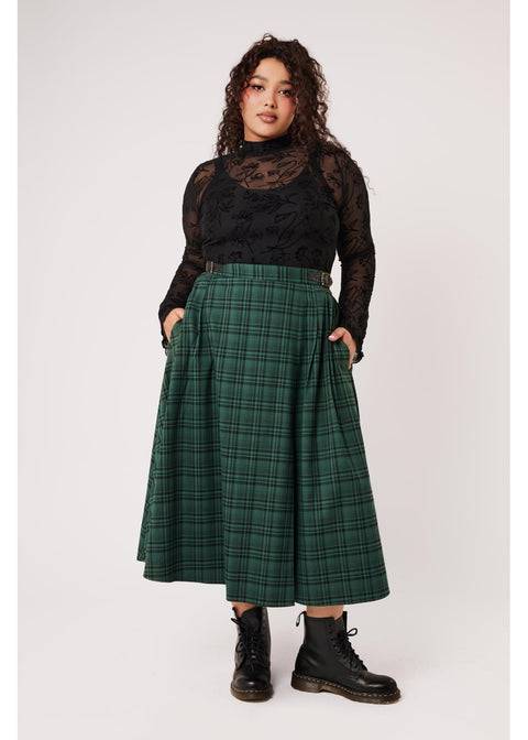 Hell Bunny Eden Tartan Midi Rok Groen - 7