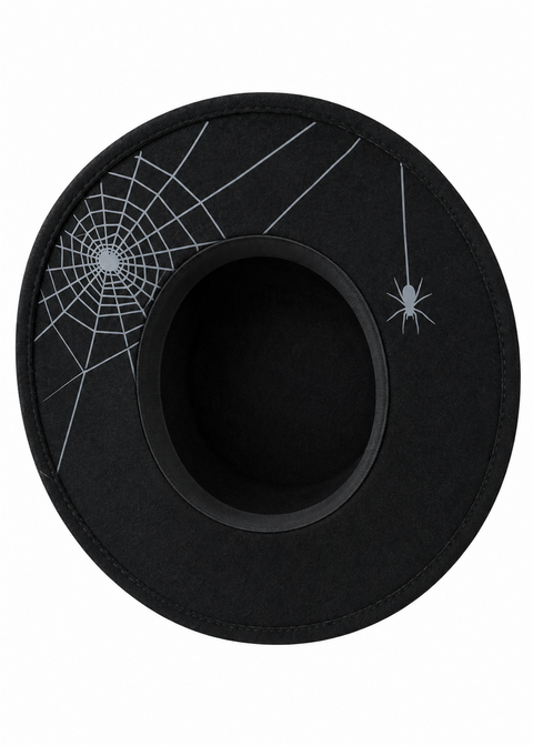 Witchwood Hanging Spider Web hoed zwart grijs – onderaanzicht met vlakke brede rand