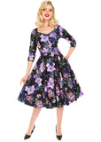 Hearts & Roses Faye Floral 50's Swing Dress Black Purple