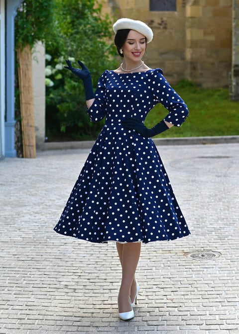 Hearts & Roses Blakely Polkadot 50's Swing Dress Navy
