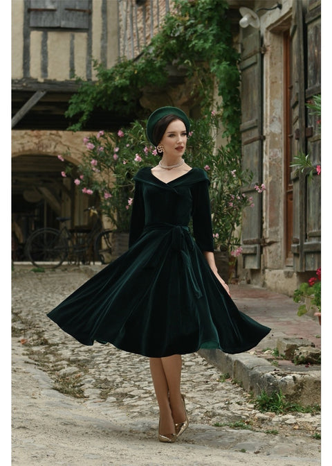 Hearts & Roses Pheobe Velvet 50's Swing Jurk Groen – foto 2