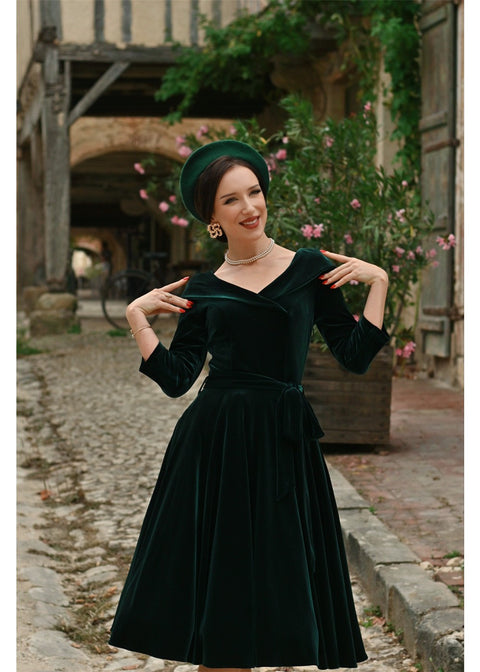 Hearts & Roses Pheobe Velvet 50's Swing Jurk Groen – foto 4