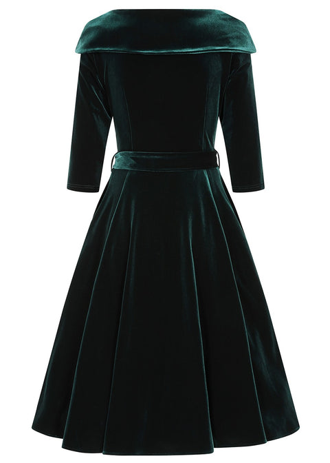Hearts & Roses Pheobe Velvet 50's Swing Jurk Groen – foto 6