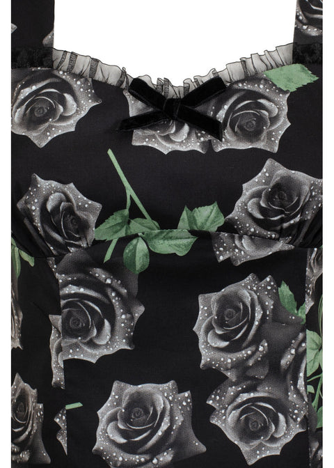 Hell Bunny Romance Noire Top zwart - detail rozenprint en tule