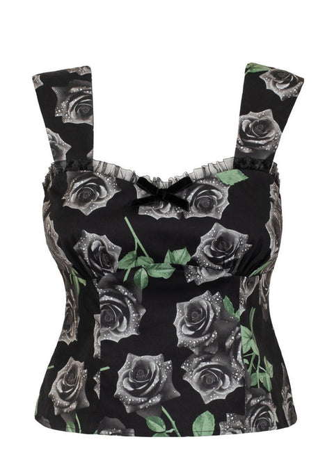 Hell Bunny Romance Noire Top zwart met grijze rozen en groene bladeren - voorzijde