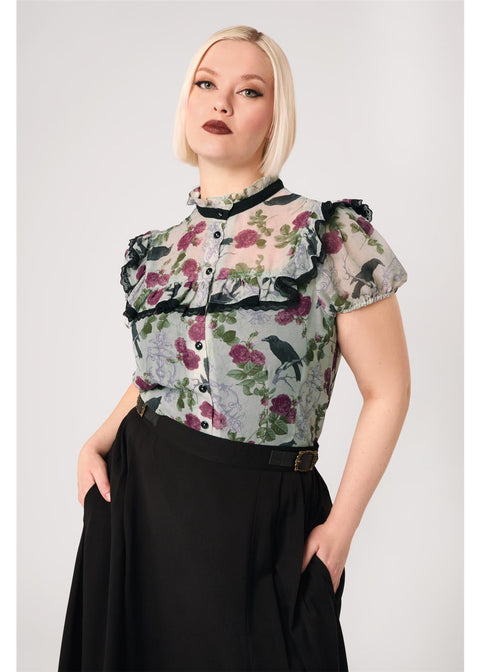 Hell Bunny Raven blouse groen – blouse met zwarte rok