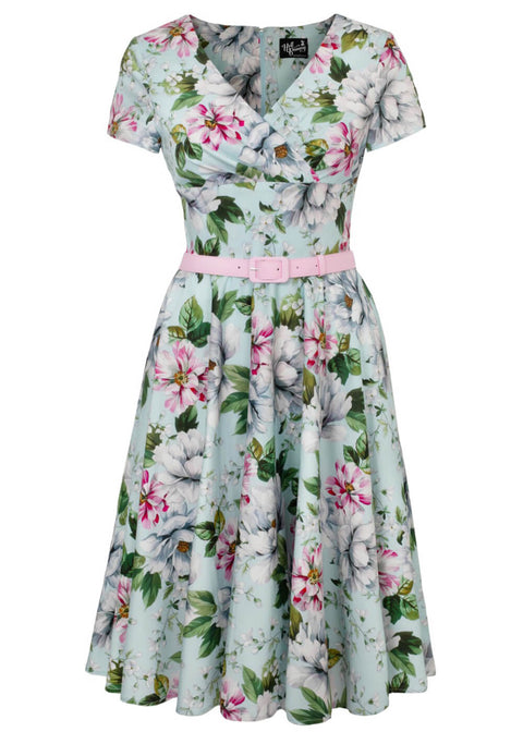 hell bunny blue floral dress Daisy Mid Dress Hell Bunny Blue Floral Flower 16-22 XL-4XL Swing Vintage 50s