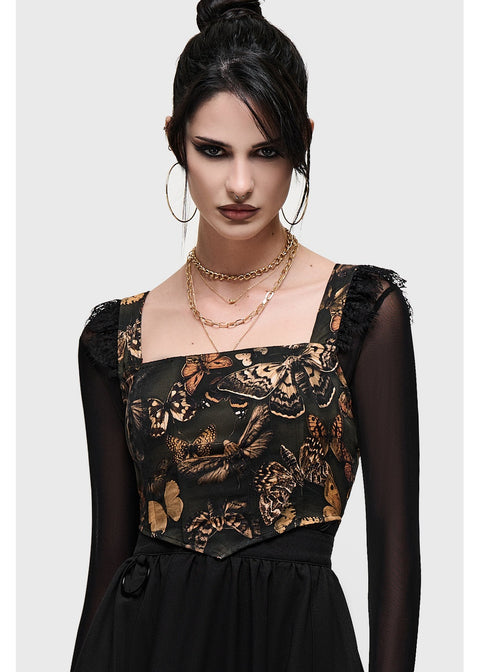 Killstar Mortelle Moth Corset Top Multi - op model met zwarte ondertop