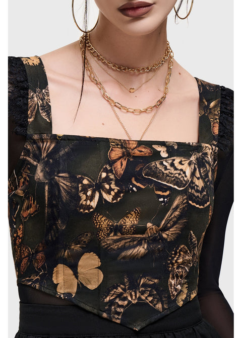 Killstar Mortelle Moth Corset Top Multi - detail voorzijde op model
