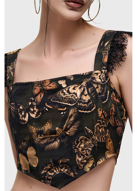 Killstar Mortelle Moth Corset Top Multi - voorzijde met vlinders en motten