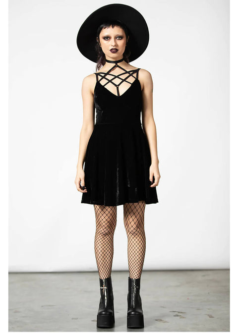 killstar spells skater dress Killstar Magica Pentagram Harness Gothic Witch Skater Velvet Dress KSRA000883