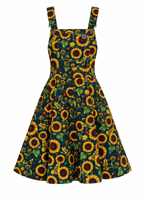 Rebel Romance Sunflowers Pinafore Swing Jurk Petrol – ghost vooraanzicht