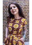 Run & Fly Retro Floral 70's A-Line Dress Brown