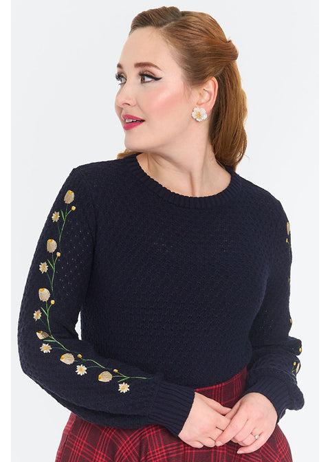 Voodoo Vixen Floral Sleeve 60's Truitje Navy - foto 3