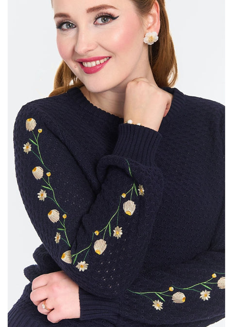 Voodoo Vixen Floral Sleeve 60's Truitje Navy - foto 4