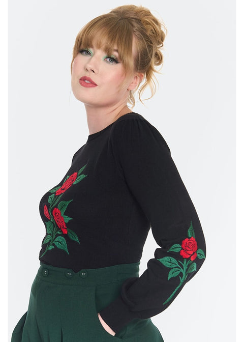 Voodoo Vixen Rose Embroidery 60's Truitje Zwart - foto 3