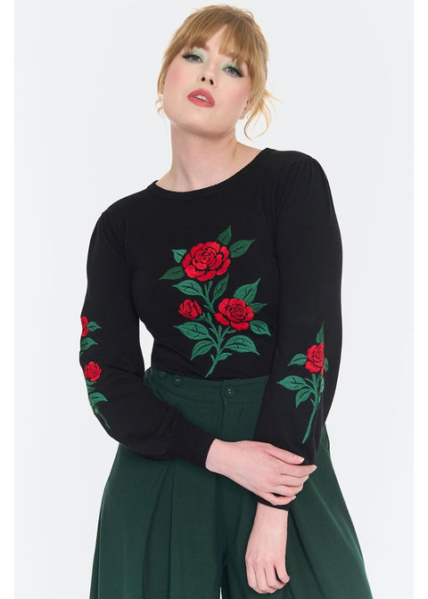 Voodoo Vixen Rose Embroidery 60's Truitje Zwart - foto 1