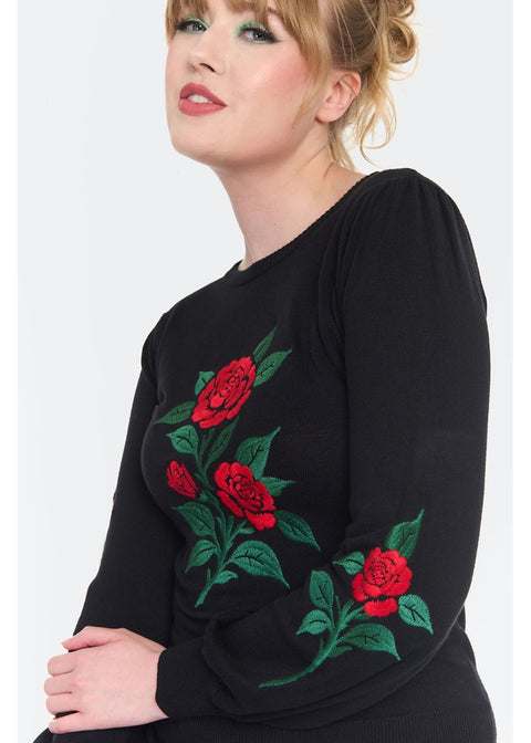 Voodoo Vixen Rose Embroidery 60's Truitje Zwart - foto 4