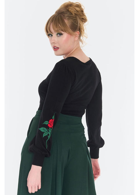 Voodoo Vixen Rose Embroidery 60's Truitje Zwart - foto 5