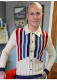 Collectif Mens Luca Equator Stripe Knitted 50's Cardigan Cream