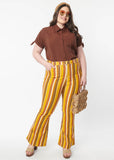 Unique Vintage Denim Stripe 70's Flare Trousers Orange Yellow